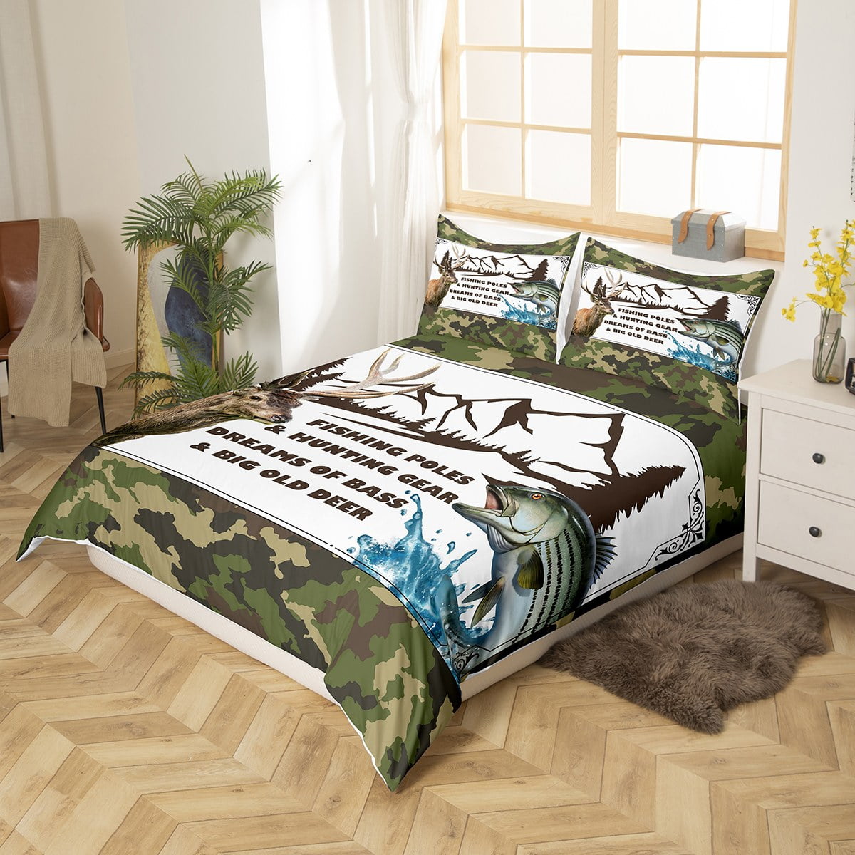 YST Camo Fishing Bedding Set For Boys Full,Army Green Camouflage American  Flag Comforter Cover Big Bass Pike Fish Duvet Cover Fishing Rod Net Quilt  Cover Rustic Farmhouse Room Decor 3 Pcs 