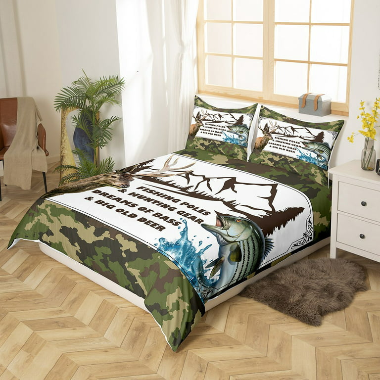 Camouflage Bedding Set Hunting Themed Elk Deer Comforter Cover for Boys  Adult,Fishing Fish Duvet Cover Mountain Woodland Twin Bed Set,Army Green  Camo Military Theme Room Decor 