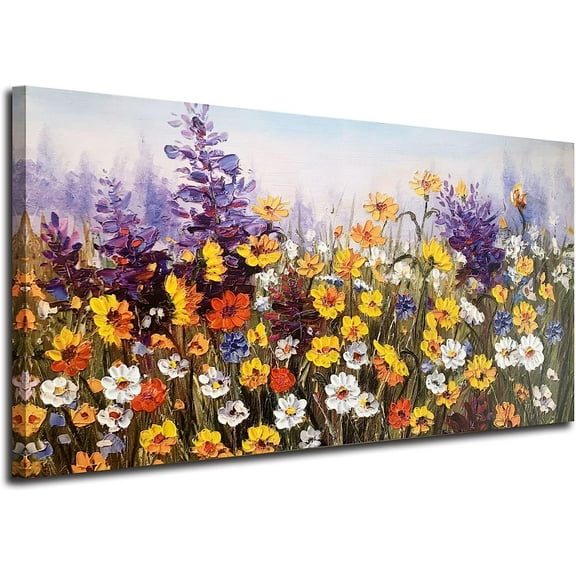 Aaheei Flowers Wall Art Canvas Daisy Colorful Textured Picture Landscape Wildflowers Painting, Purple Yellow Floral Artwork for Living Room Bedroom Bathroom Office Home Decor