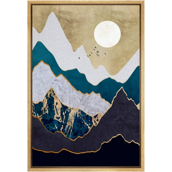 SIGNFORD Framed Canvas Print Wall Art Granite Mountains with Golden Mountain Outline Abstract Wilderness Illustrations Modern Art Contemporary for Living Room, Bedroom, Office - 16"x24" Natural