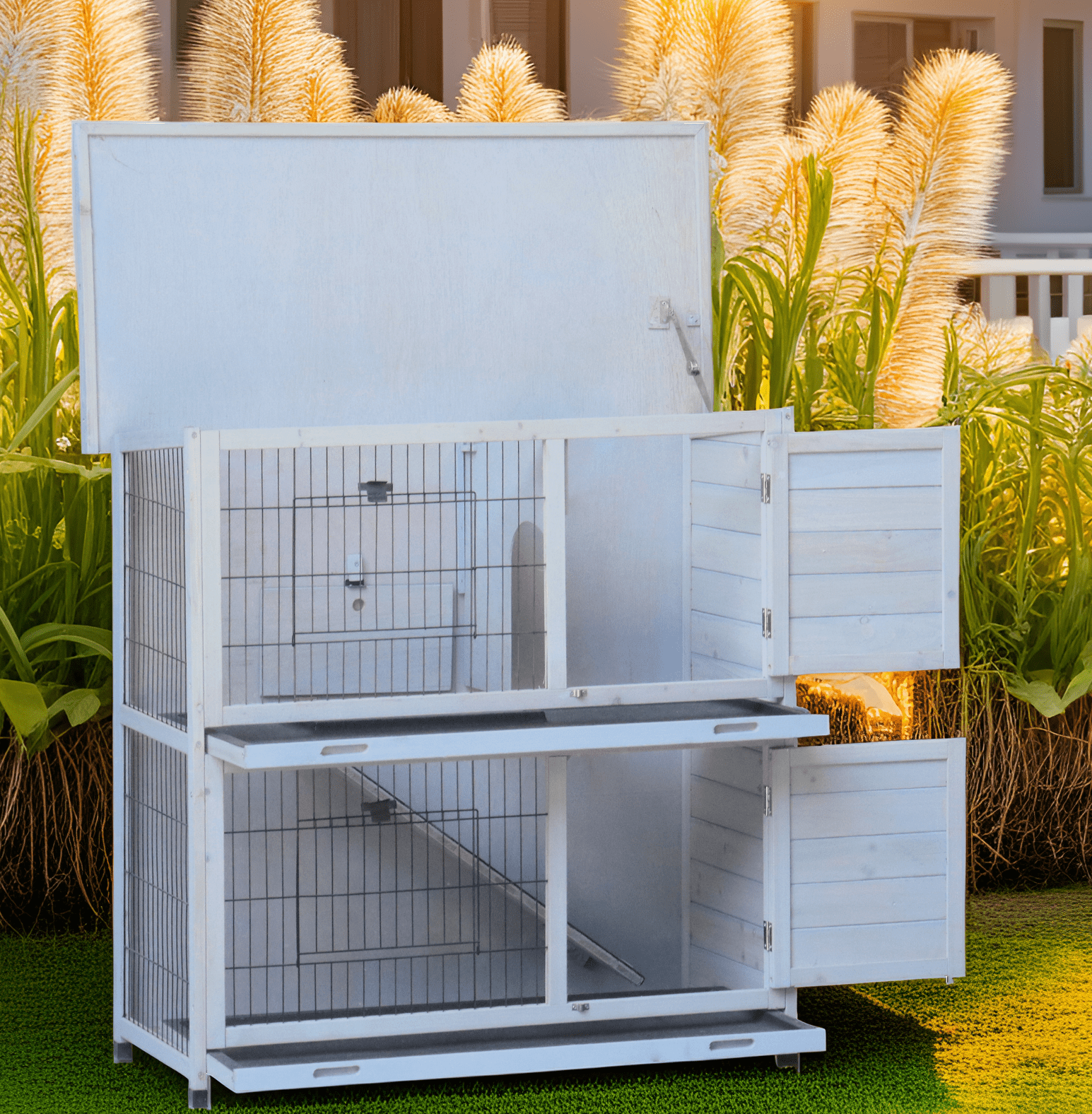 Anykoon Rabbit Hutch Outdoor, Fence, for Small Animals , 2-Story Rabbit Cage Indoor with Run, Bunny Cage with 2 Removable No-Leak Trays, Pet Cages with Non-Slip Ramp, Waterproof Roof
