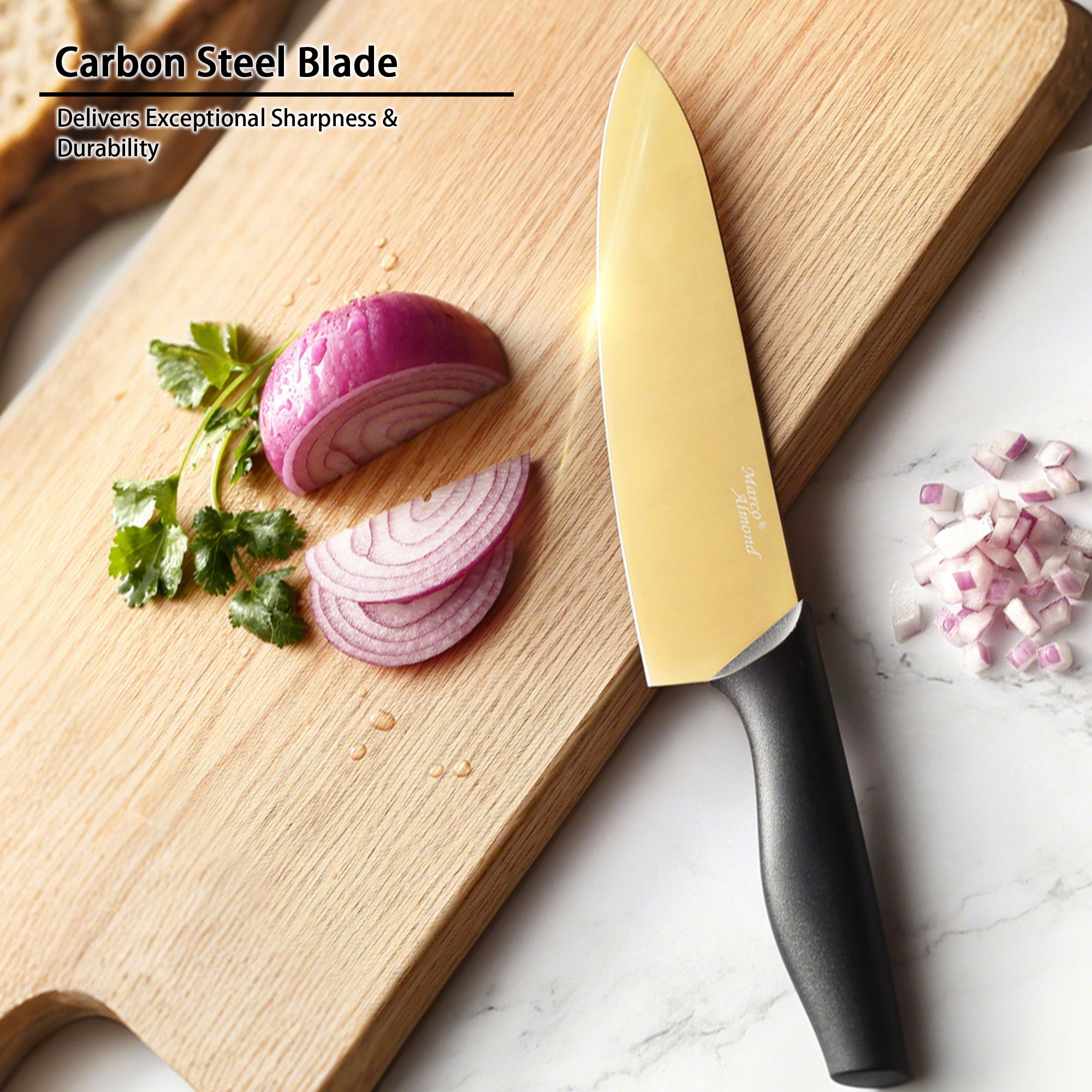 Golden Kinfe set,Marco Almond KYA23 14-Piece Dishwasher Safe Knife Set with Stand Kitchen Knives Stainless Steel