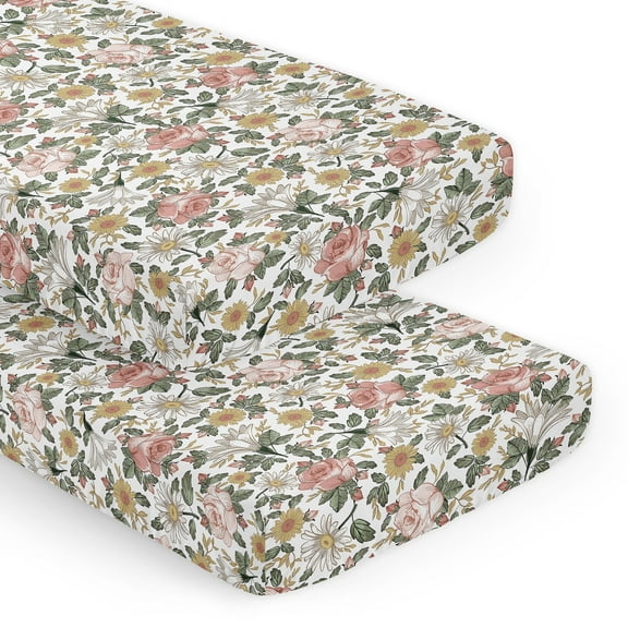Sweet Jojo Designs Vintage Floral Pink Green and Yellow Fitted Crib Sheets 2 Piece Set