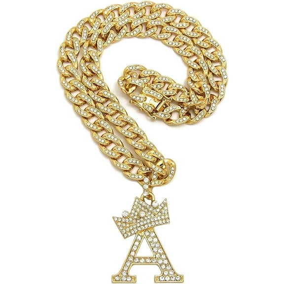 Hip Hop Iced Gold Plated Bling Initial " A " Cubic Zirconia Pendant & Iced 10mm 18" Cuban Choker Chain Necklace Set