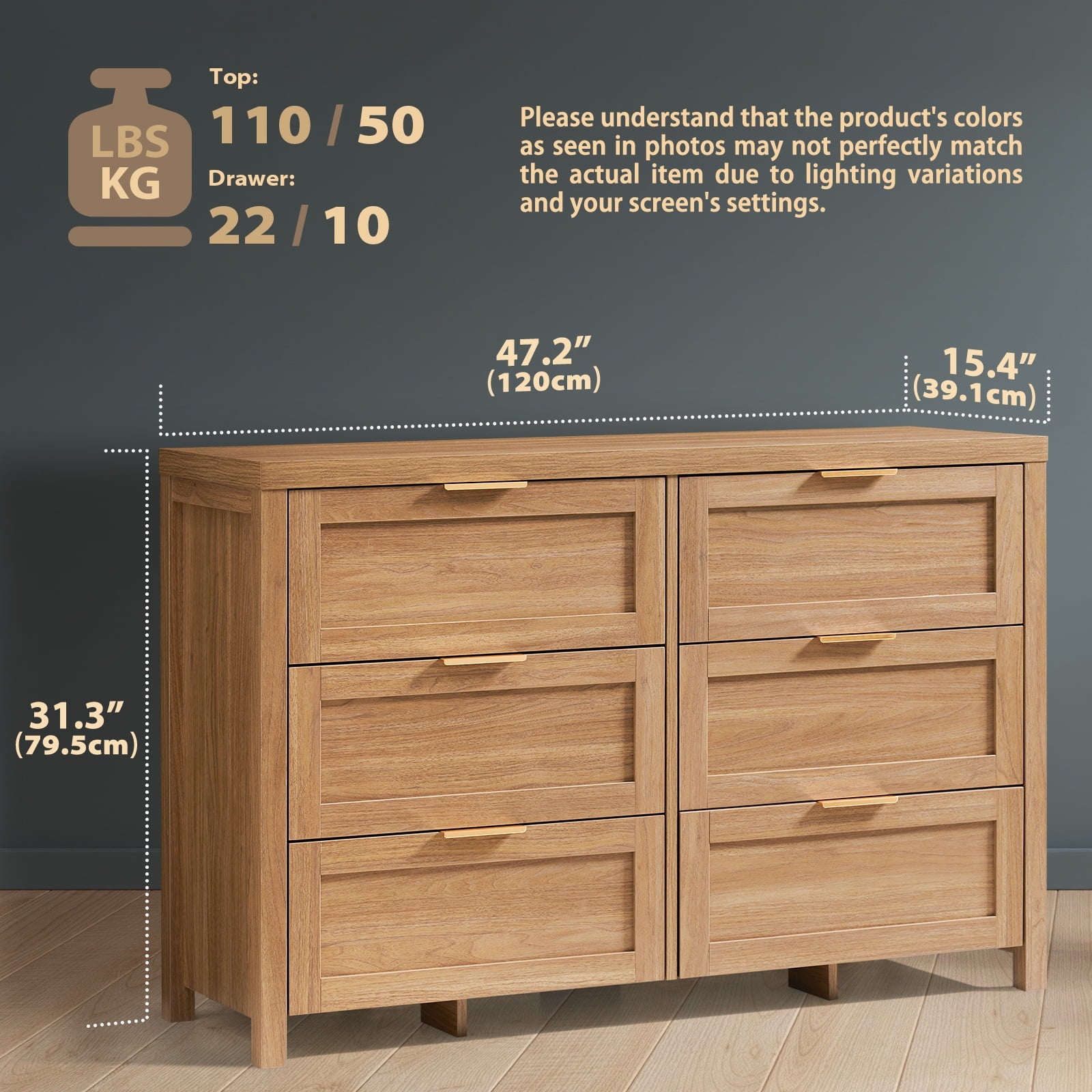 ARKANTOS Wooden 6 Drawer Double Dressers, Wide Chests of Drawers for Bedroom, Natural Oak