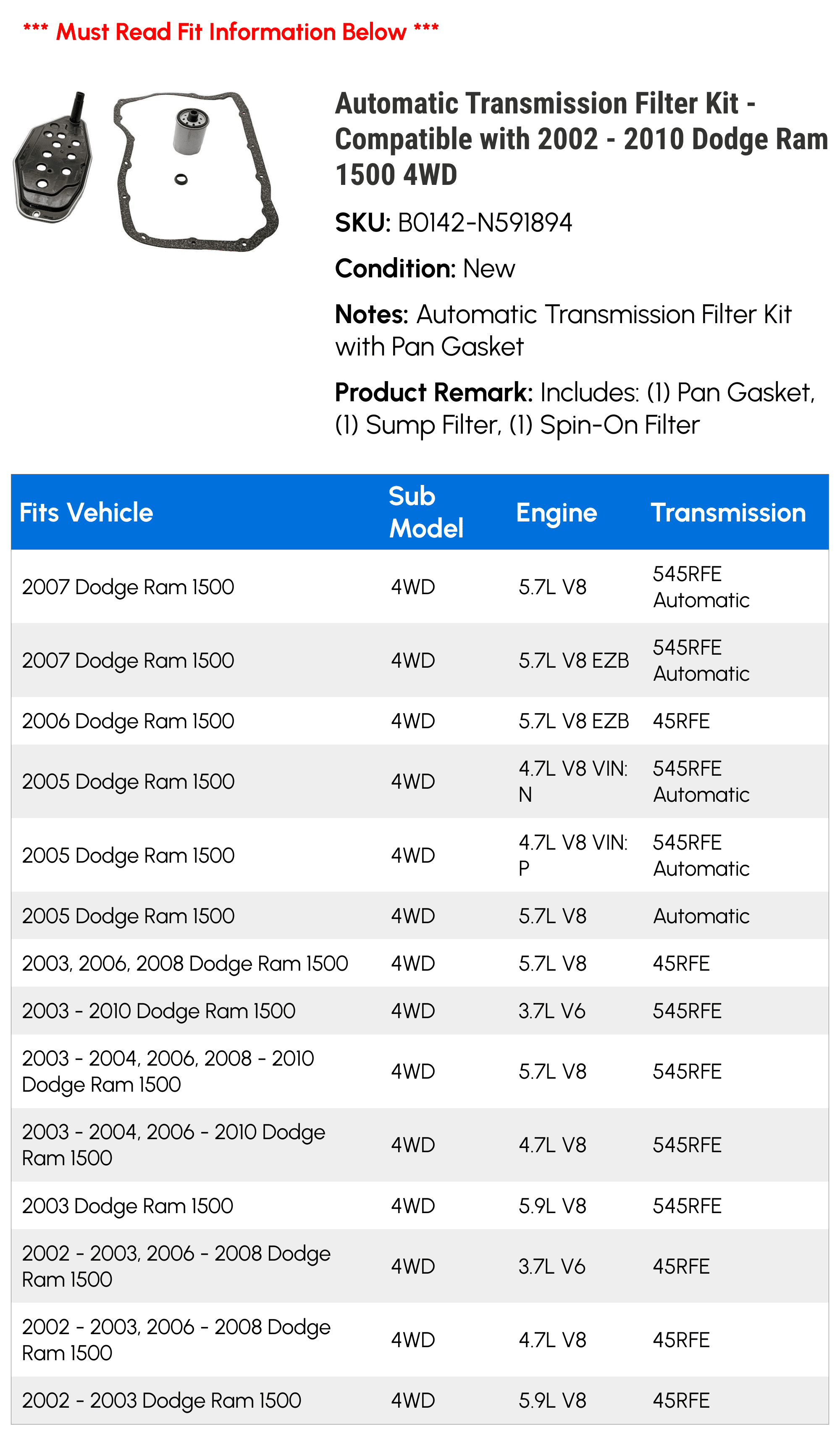 Automatic Transmission Filter Kit - Compatible with 2002 - 2010 Dodge Ram 1500 4WD - Replacement