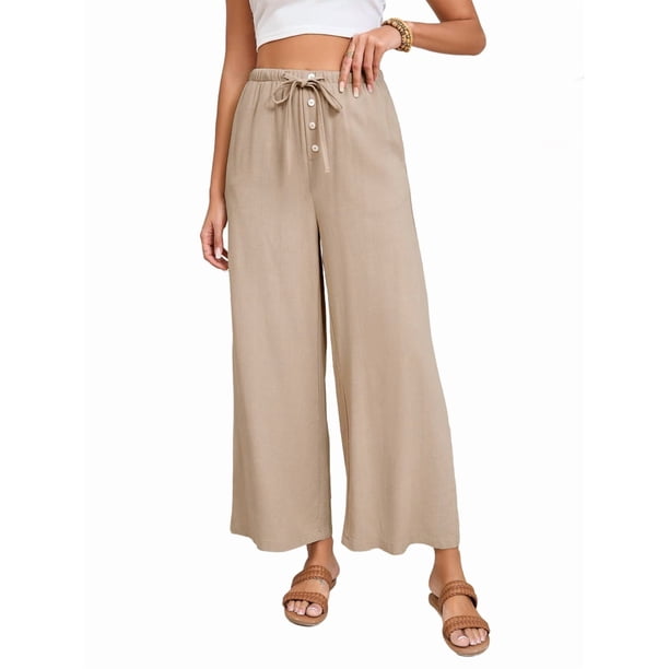 Pantalones de y Algodón para Mujer, Informales, de Verano, para Playa, con Cordón, Holgados, de Pierna y Bolsillos. Color Almendra L