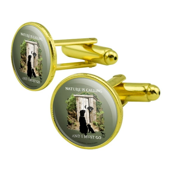 Nature is Calling and I Must Go Outhouse Labs Dogs Round Cufflink Set Gold Color