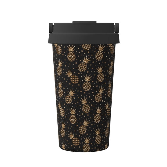 Logiee Gold Glitter Pineapples Print Stainless Steel Coffee Tumbler, Travel Coffee Mug, Insulated Coffee Mug with Lid, Spill Proof Coffee Cup, Portable Thermal Mug