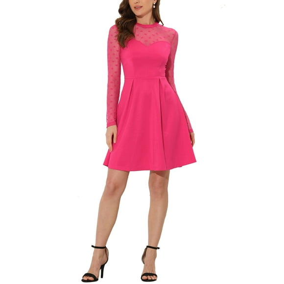 Robe de fête skater à manches transparentes en maille en forme de cœur pour femmes Allegra K S Rose vif