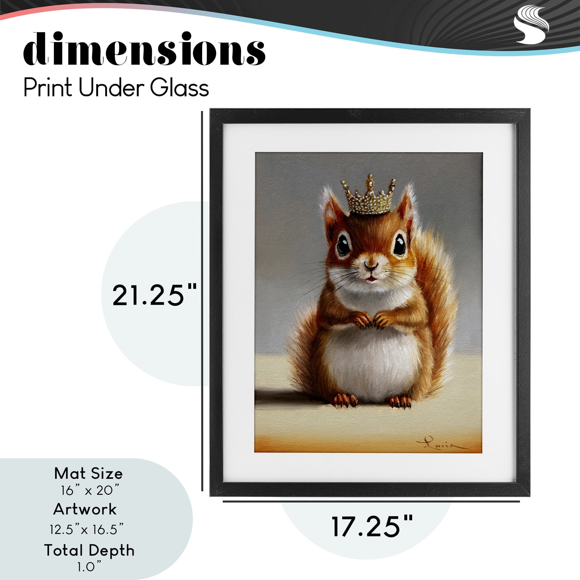 Fancy Crowned Squirrel Black Framed Print Under Glass, design by Lucia Heffernan