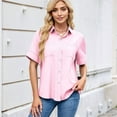 thumbnail image 3 of Womens Button Down Shirt Casual Short Sleeve Collared Work Blouse with Pocket Pink XL, 3 of 7