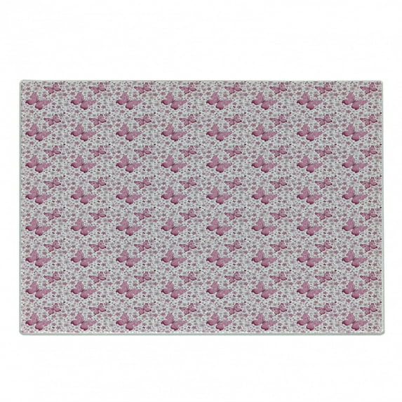 Butterfly Cutting Board, Floral Arrangement and Hearts Background Animals with Vibrant Colors, Decorative Tempered Glass Cutting and Serving Board, Small Size, Pale Pink White, by Ambesonne