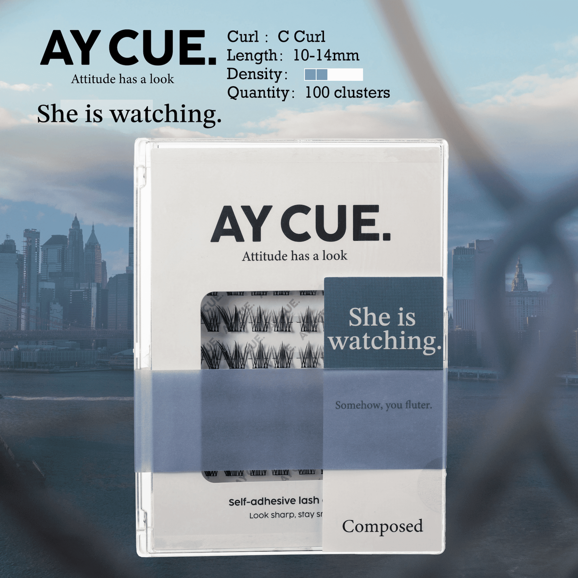 AYCUE #SHE IS WATCHING# Self-adhesive Lash Clusters C Curl 10-14mm 100 Clusters Glue-free Eyelashes Extensions for Natural Look Easy Application