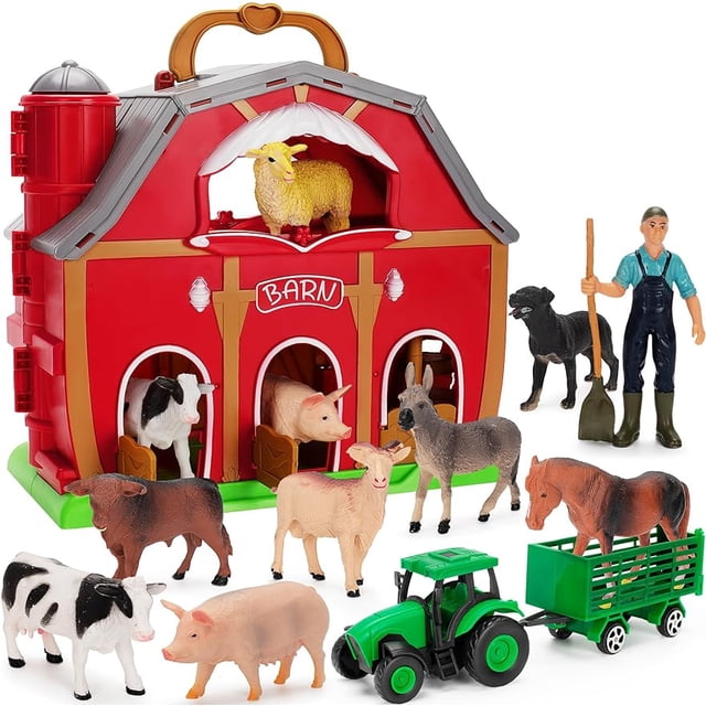 Juguetes de animales de granja para niños de 1, 2 y 3 años, gran granero rojo con figuras, juguetes de animales y juguetes de tractor para niños, juego de granja, juguetes educativos de aprendizaje, r