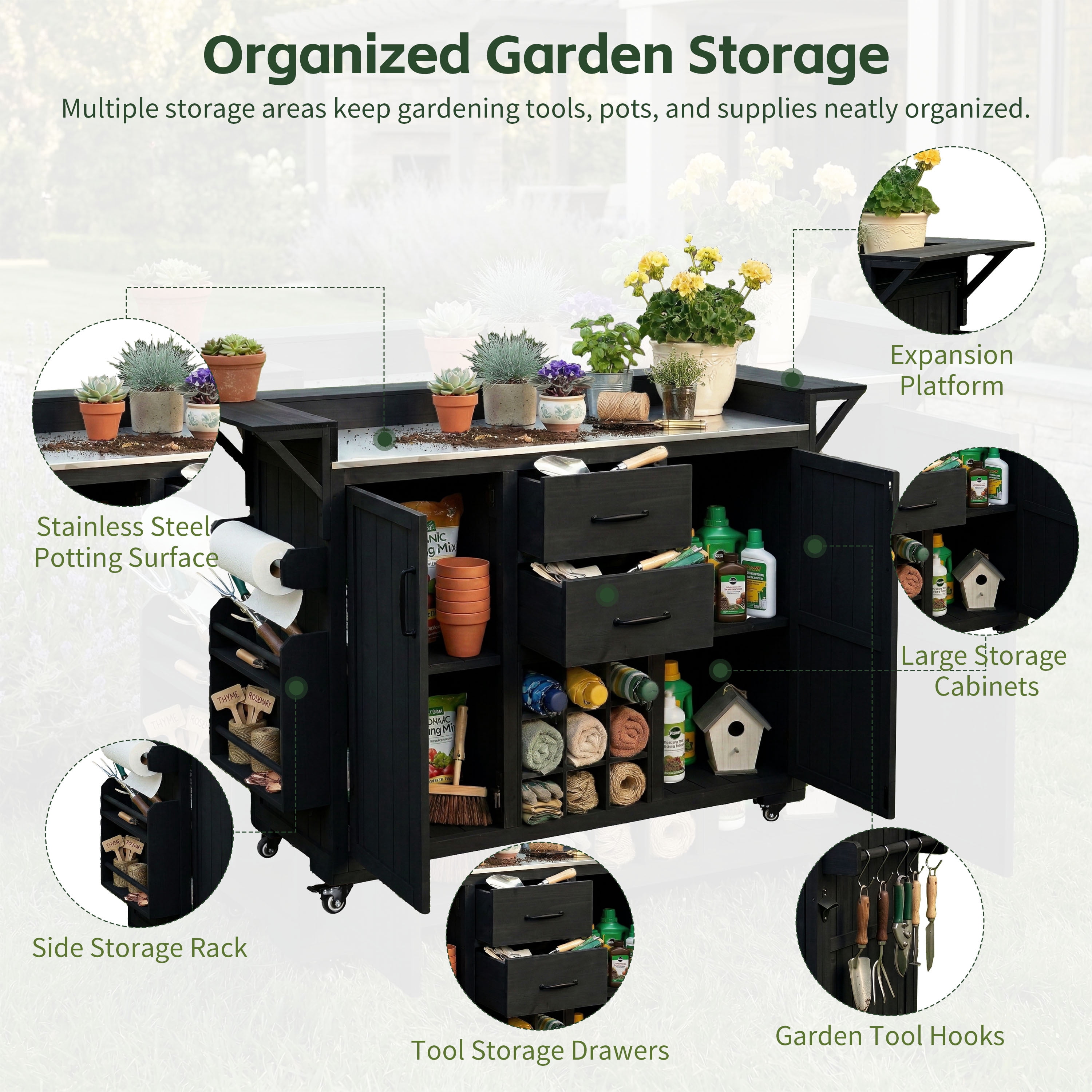 YIYADO Modern 60.2''W Outdoor Kitchen Island with Wheels, Rolling Patio BBQ Kitchen Cart with Stainless Steel Top, Wood Grill Cart with Spice Rack & Wine Rack, 2 Drawers, Black