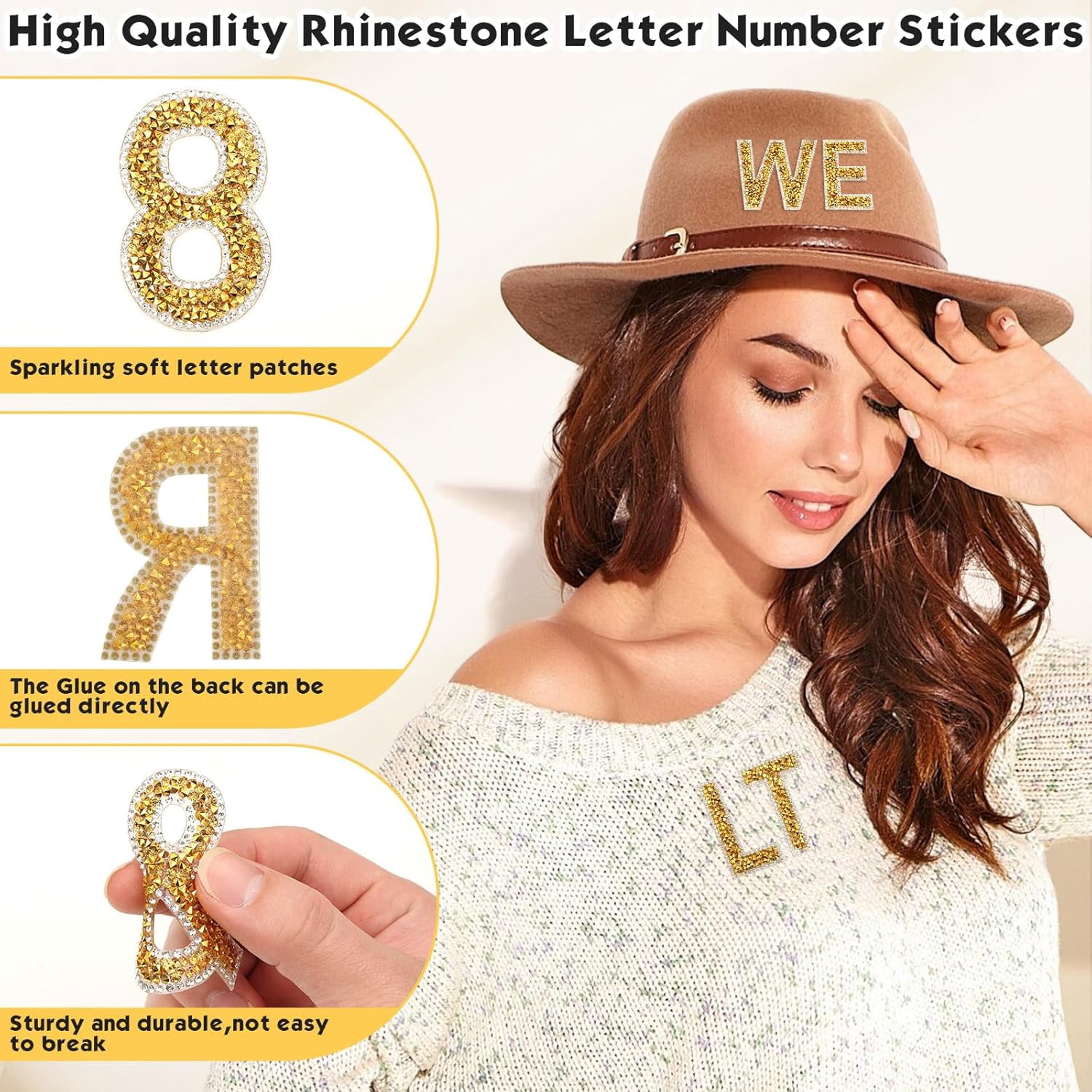 76 PCS Rhinestone Letter Stickers, 2.4 Inch Gold Glitter Alphabet Sticker with Sewing Kits, Self Adhesive A-Z & 0-9 Letter Number Stickers for DIY Arts and Crafts Decor, Clothes, Bags, Hats