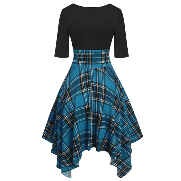 Outfmvch Long Sleeve Dress for Women Plaid Tops Plus Size Slim Belted Irregular Short Sleeve Handkerchief Dress Womens Dresses Fall Dresses