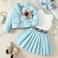 thumbnail image 6 of Gaexia Fall Girls 3 Piece Outfit Long Sleeve Cardigan Knit Sweater Vest with Pleated Skirt Set for Toddler Fall and Winter ,Light Blue,2-3 Years, 6 of 9