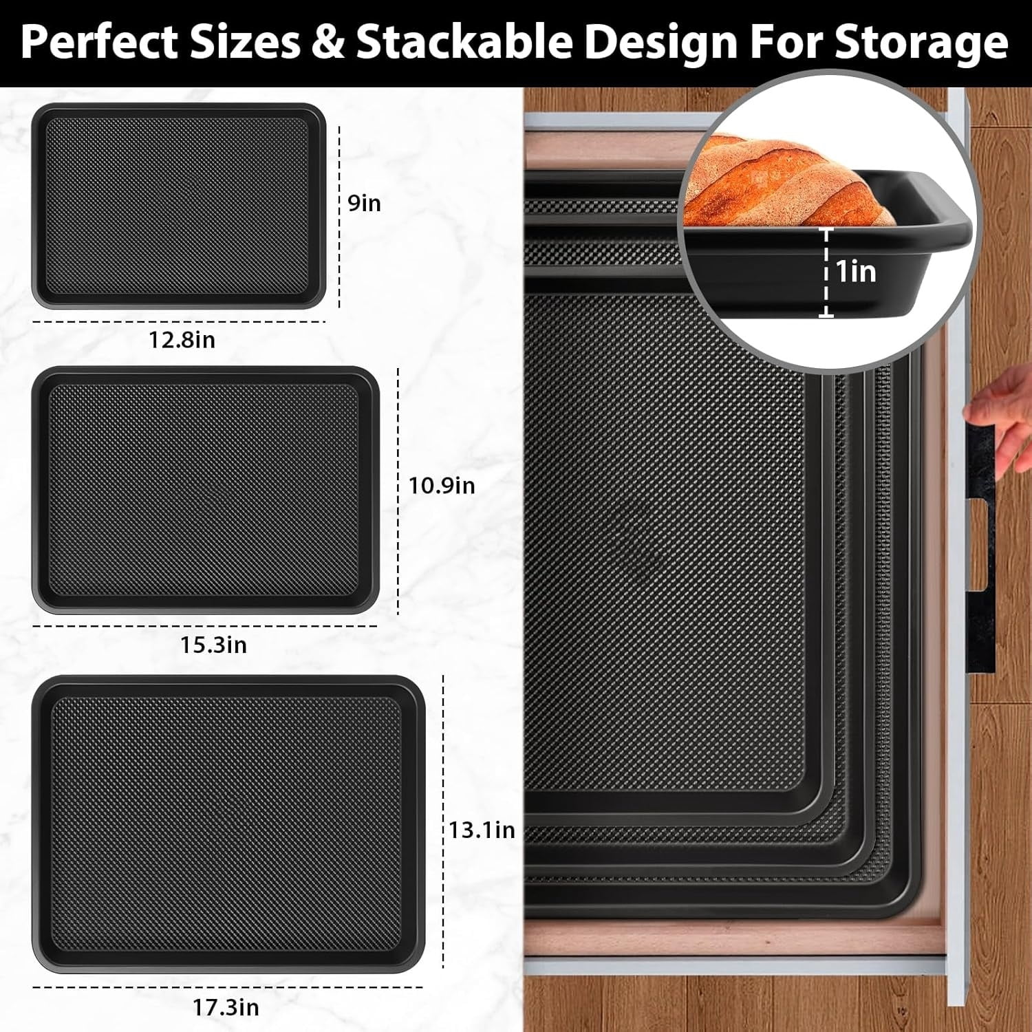 Nonstick Cookie Sheets for Baking with Cooling Rack Set of 4, 0.8mm Thick Heavy Duty Baking Sheets for Oven, Half/Quarter/Jelly Roll Pans Oven Trays, Baking Pan Set with Texture