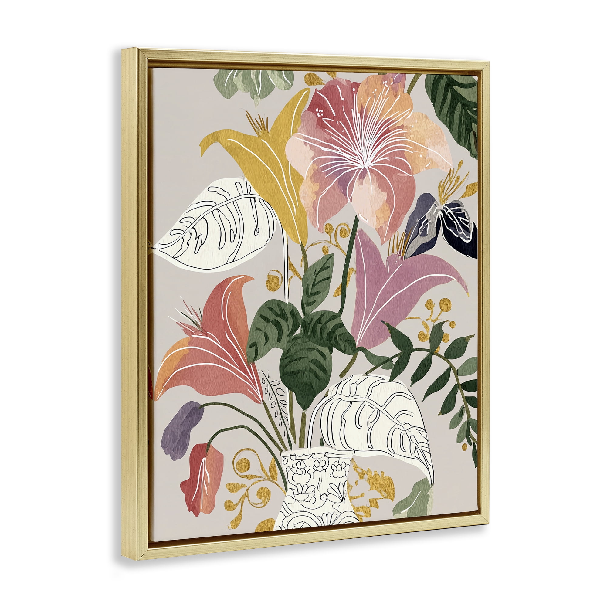 Playful Flower Bouquet Gold Framed Floater Canvas Wall Art, design by Annabelle Hall