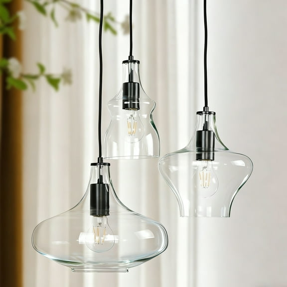 Modern 3-Light Glass Pendant, Stylish Industrial Clear Glass Ceiling Light, Minimalist Triple Glass Ceiling Hanging Light Fixture, Contemporary Ceiling Pendant for Dining Room, Living Room, Bedroom