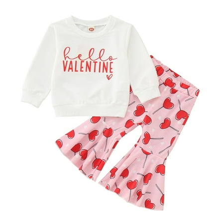 

Valentines Day Toddler Kids Baby Girls Outfits Letter Print Round Neck Long Sleeve Sweatshirts Tops Heart Print Flare Pants 2Pcs Set Valentine s Day Gifts