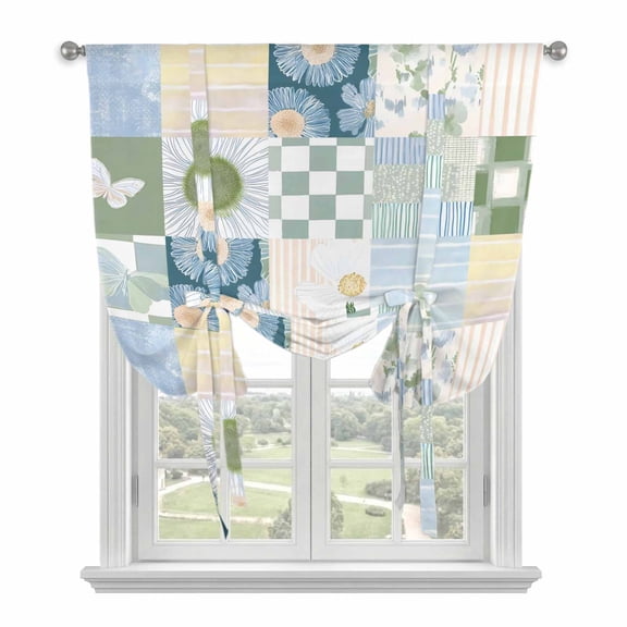 Spring Floral Checkered Balloon Curtains for Living Room/French Door, Sage Green Daisy Buffalo Plaid Tie Up Curtains 63 Inch Length Energy Saving Kitchen Curtains Shades for Windows 42"x63"