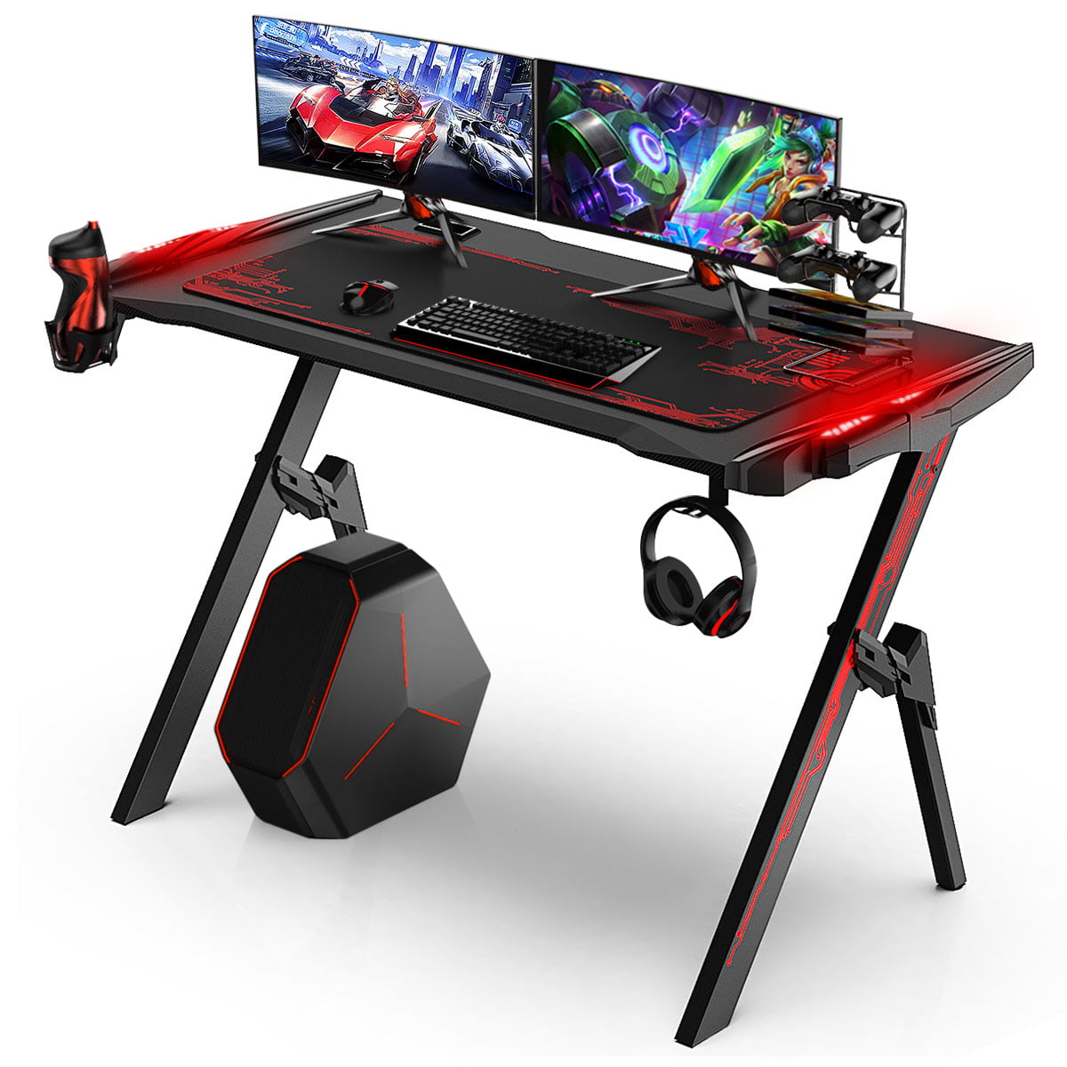 47.2'' Ergonomic Gaming Desk Computer Table W/ Audio Sensor RGB Light Cup Holder 