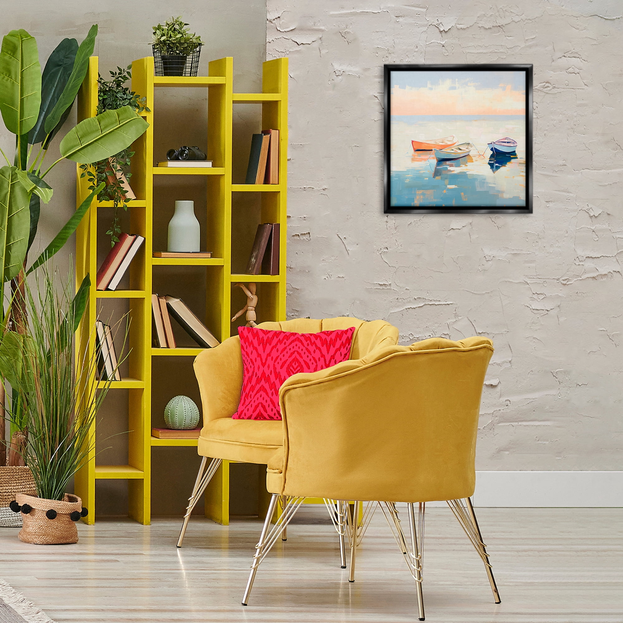 Stupell Industries Soft Pastel Boats Transportation Painting Black Floater Framed Canvas Art Print Wall Art, 18 x 18