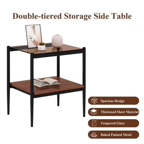 MOONMISS 2 Pack Rectangle End Table, Tempered Glass Top Side Table with MDF Frame, Modern Transparent Glass Accent Table for Living Room, Bedroom, Home Decor, Brown/Black