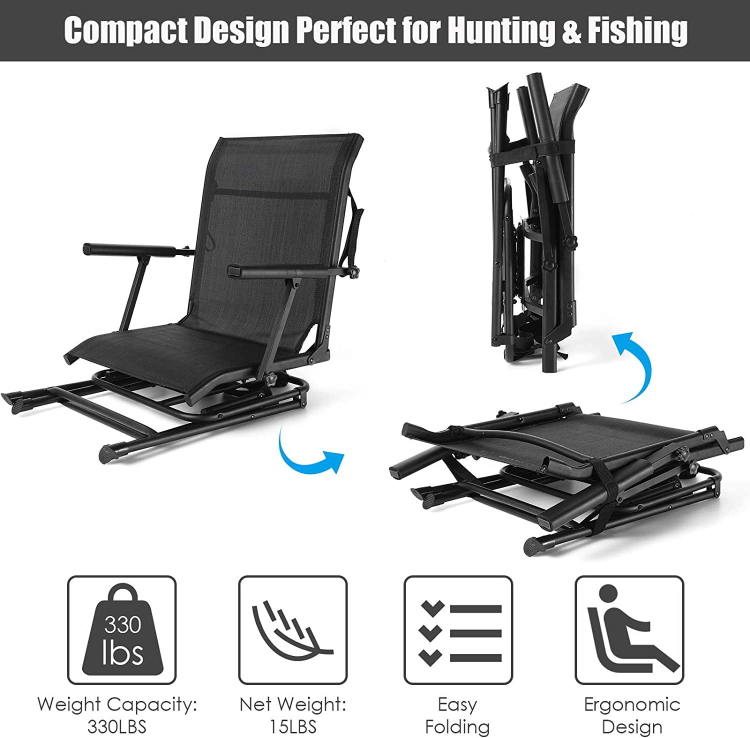 DORTALA 360 Degree Swivel Hunting Blind Chair, Portable Swivel Blind Stool w/Armrest, Sturdy Metal Frame, Mesh Back, Ground Hunting Blind Chair for Adults, Great for Outdoor, Hunting, Camping, Black