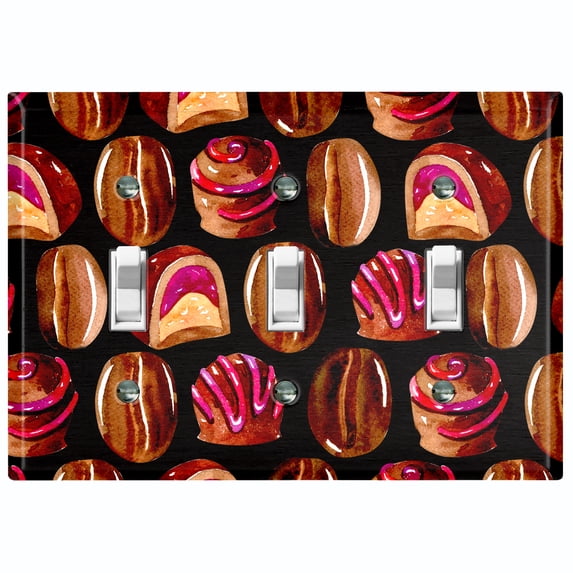 Metal Light Switch Wall Plate Outlet Cover (Coffee Mocha Candy Bean Toffee Swirl Black Heart - Triple Toggle)