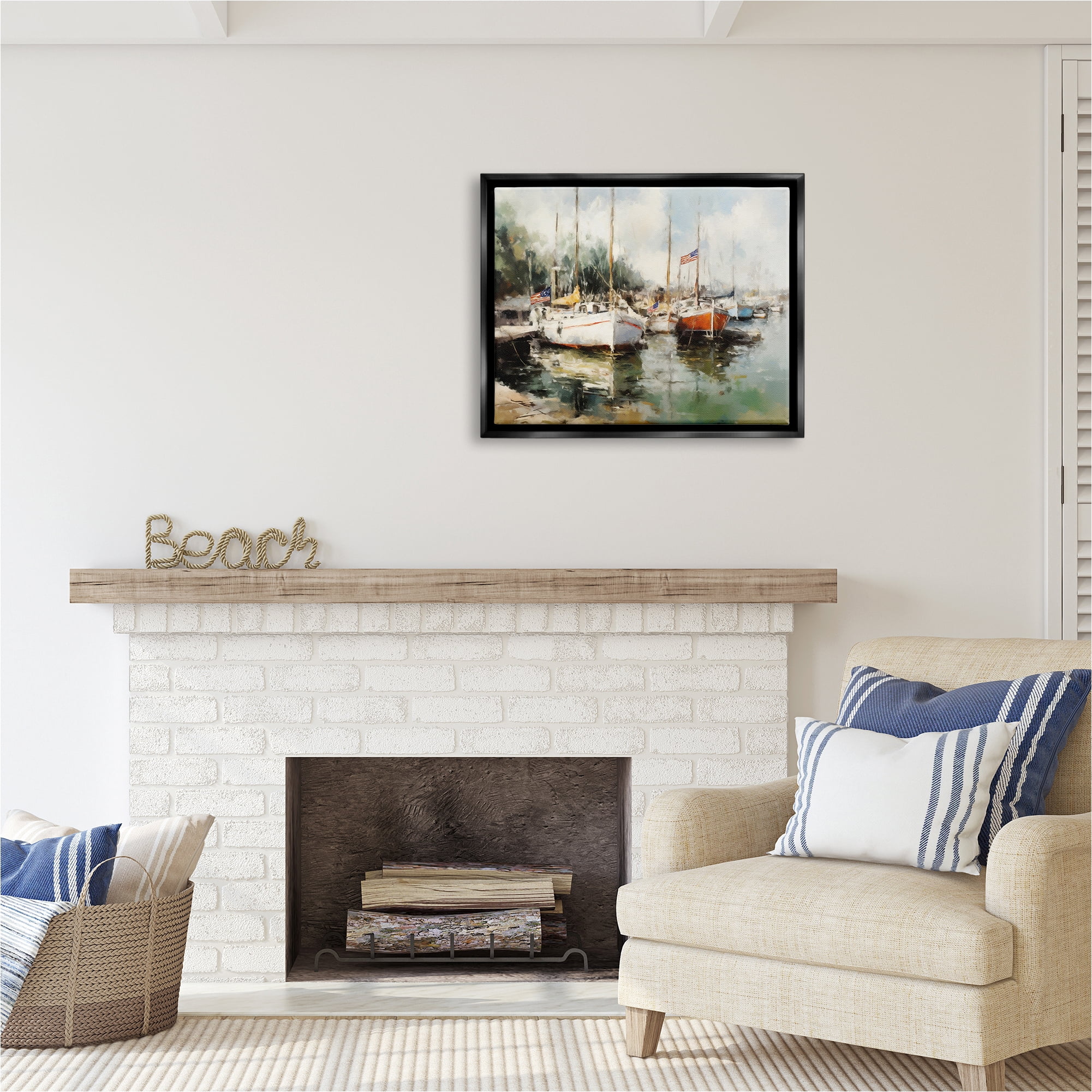 Stupell Industries Americana Boat Harbor Transportation Painting Black Floater Framed Canvas Art Print Wall Art, 31 x 25