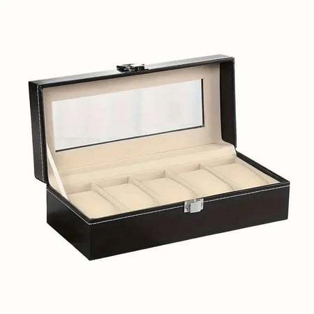 BYXAS Watch Box Organizer for Men, 5 Slot Watch Display Case with Glass Lid, PU Leather Watch Storage Mens Watch Case, Watch Holder Organizer for Men Women -5 Slot, Brown (Black)