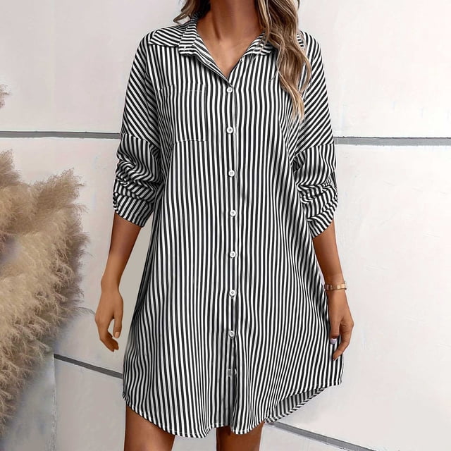 DPTALR Robe Décontractée Confortable pour Femmes à Manches Longues avec Boutons et Col Rabattu