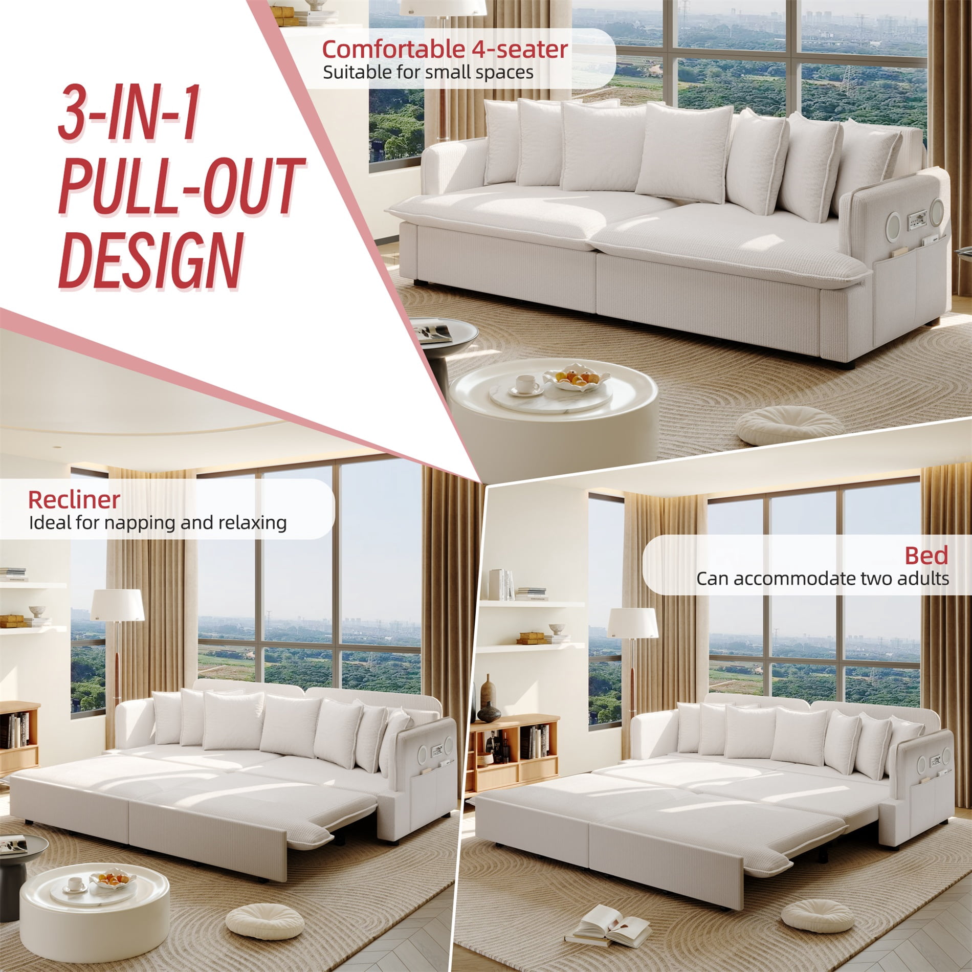 Alvantor 3 in 1 Convertible Sleeper Sofa Bed, 82" W Pull Out Sofa Bed with Bluetooth Speakers, USB Ports for living room, Apartment, Beige