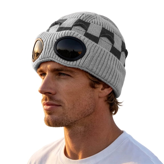 EliteGoogv Unisex Knit Beanie Lined Plaid Goggle Detail Skull Cap Winter Hat