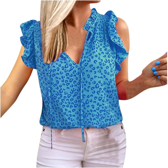 ZZwxWA Casual Ruffle Trim Sleeveless Tank Tops For Womens V Neck Leopard Printing Loose Blouse Summer Tassel Cute Pullover T-Shirt Blue XL