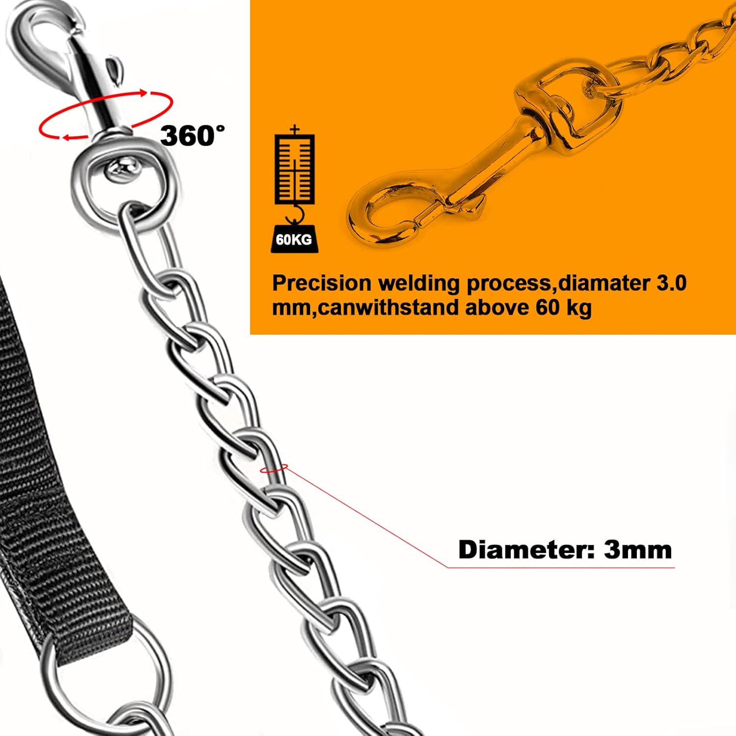 Heavy Duty Metal Dog Leash, 6 Feet, Chrome Plated photo 3