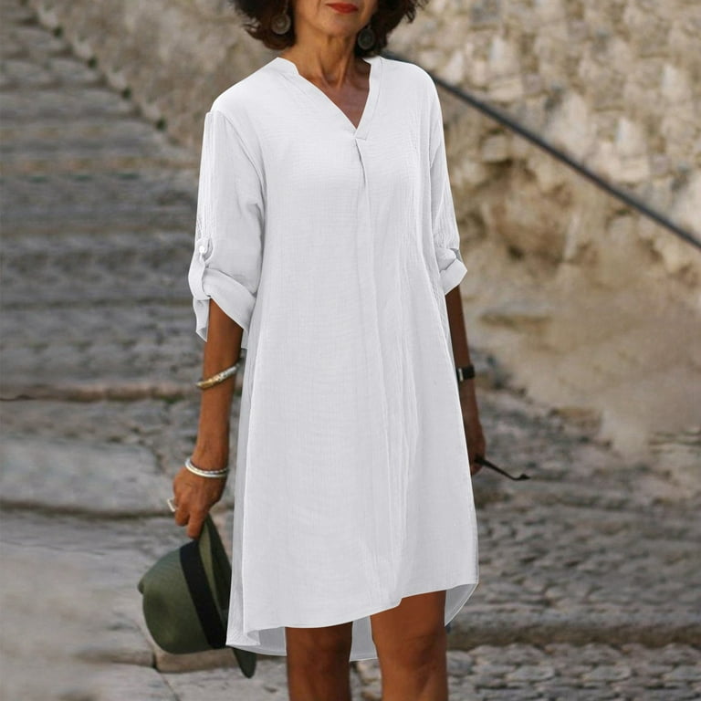 Ediodpoh Women's Solid Long Sleeve 3/4 Sleeve Shirt Dress Casual