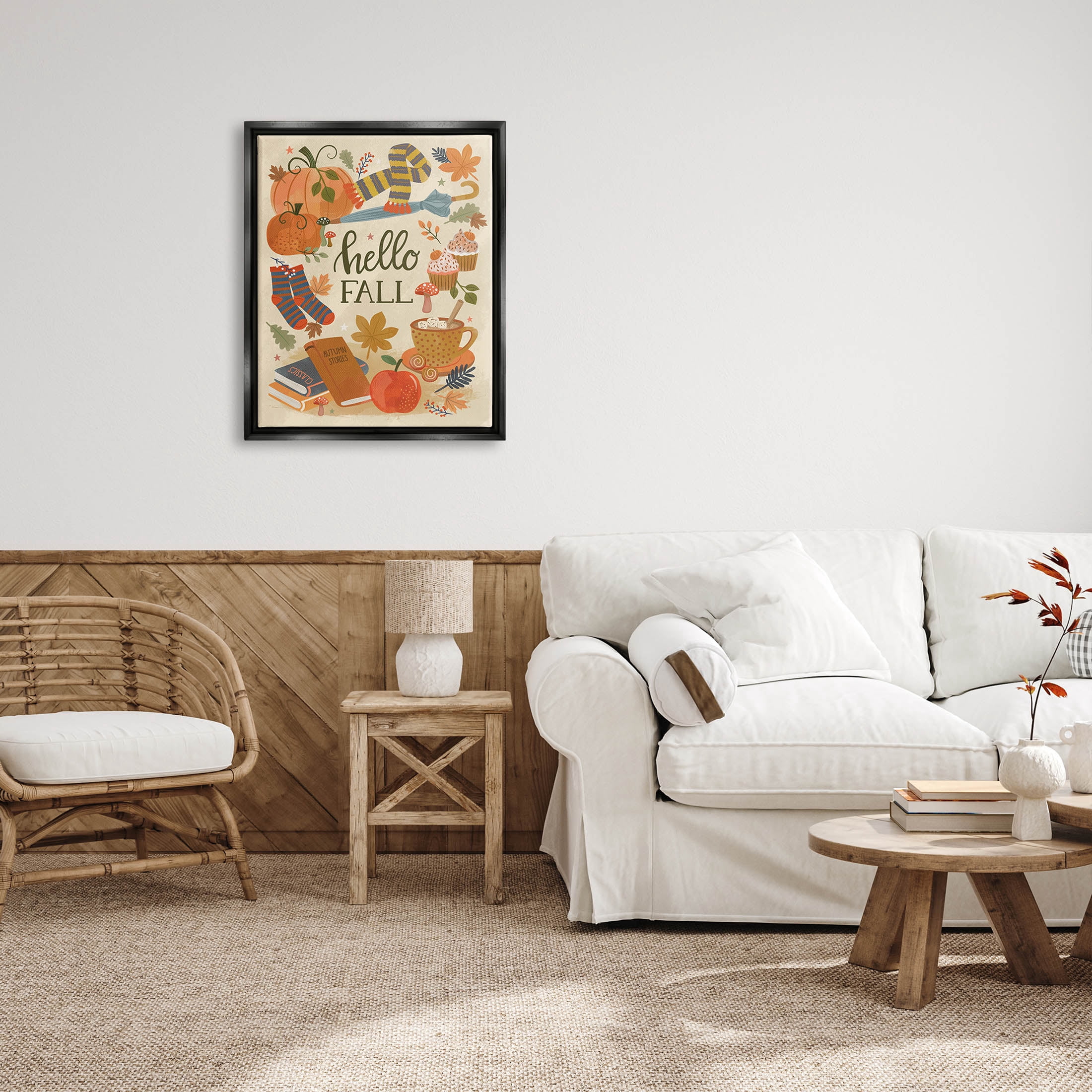 Hello Fall Cozy Autumn Items Holiday Graphic Art Jet Black Framed Art Print Wall Art