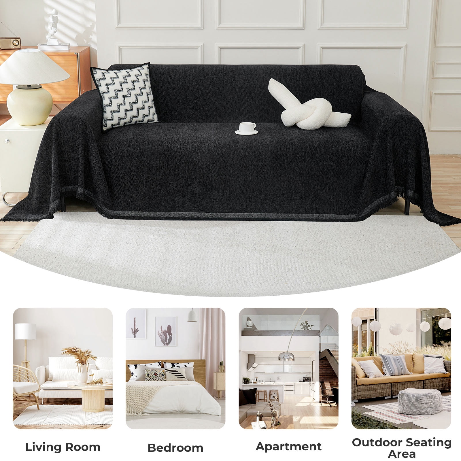 Sanmadrola Sofa Cover Non Slip Couch Cover for 3 Cushion Couch Machine Washable Furniture Protector for Dogs Pet Chenille Throw Slipcover Blanket for Living Room (Black, 71"x118")