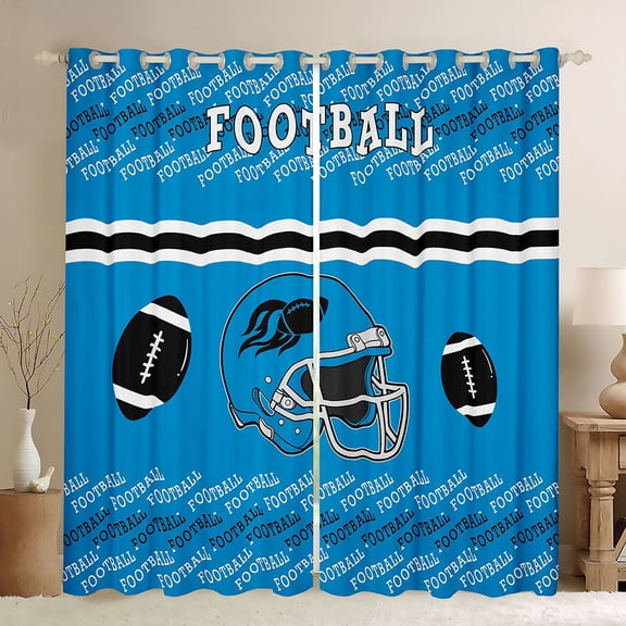 Homewish Blue Rugby Helmet Black Out Curtains for Boys, Est Sleep Sport Curtains Pack of 2 (42x63 Each), Cartoon Football Theme Bedroom Curtains, Black Out Curtains Room Decor