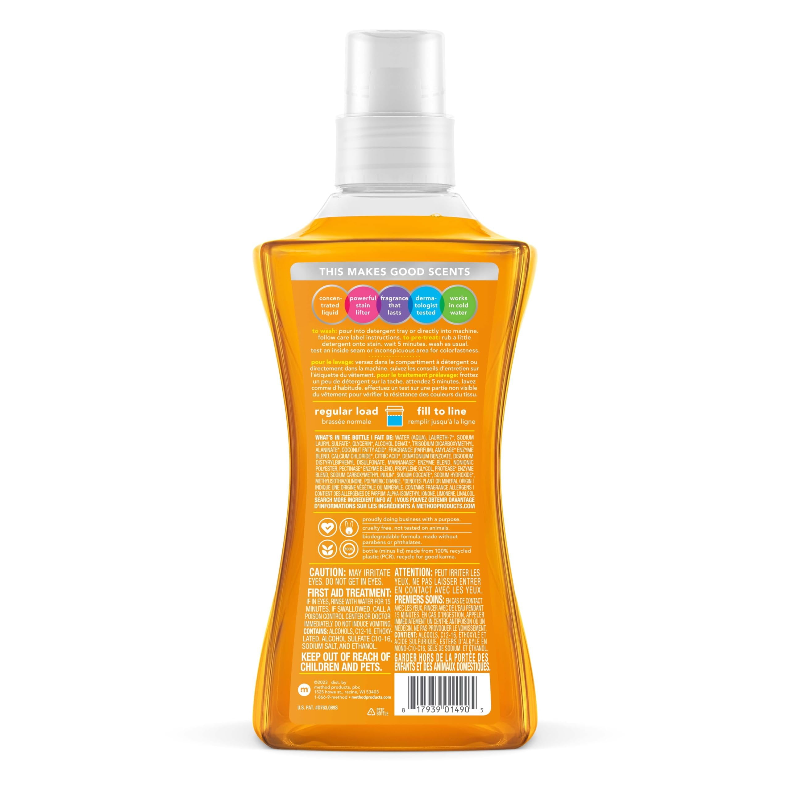 Method Liquid Laundry Detergent; Ginger Mango Scent; Plant-Based Stain Remover; 66 Loads per 53.5 fl oz bottle; 4 Pack 264 Total Loads; Packaging May Vary