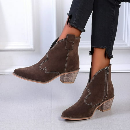 

HAOTAGS Women s Low Heel Ankle Boots Vintage Womens Dressy Shoes Khaki Size 4.5