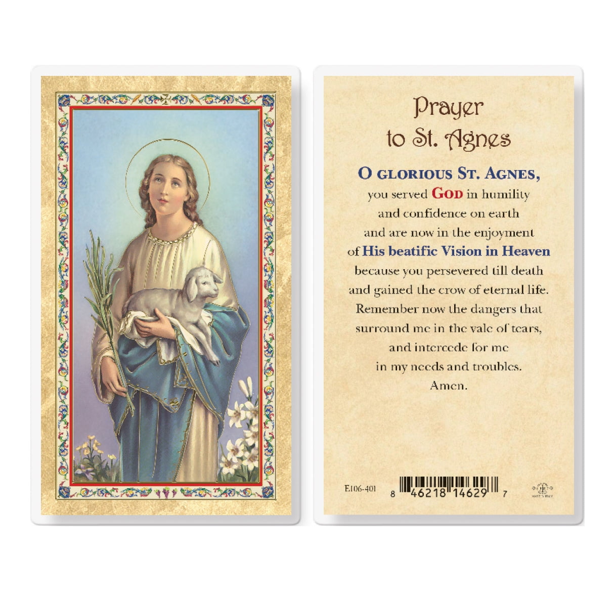 St. Agnes GoldStamped Laminated Catholic Prayer Holy Card with Prayer