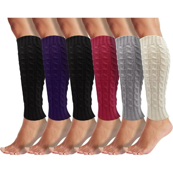 QIANJIA Leg Warmers for Women, 6 Pairs Knee High Cable Knit Warm Thermal Acrylic Winter Sleeve