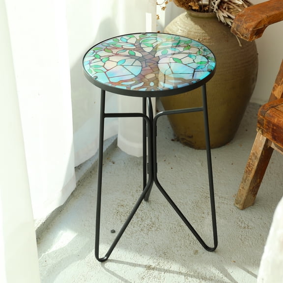 Tree of Life Mosaic Glass Side Table – Round Accent Table with Metal Frame, Indoor/Outdoor End Table, Patio/Living Room Plant Stand & Decor