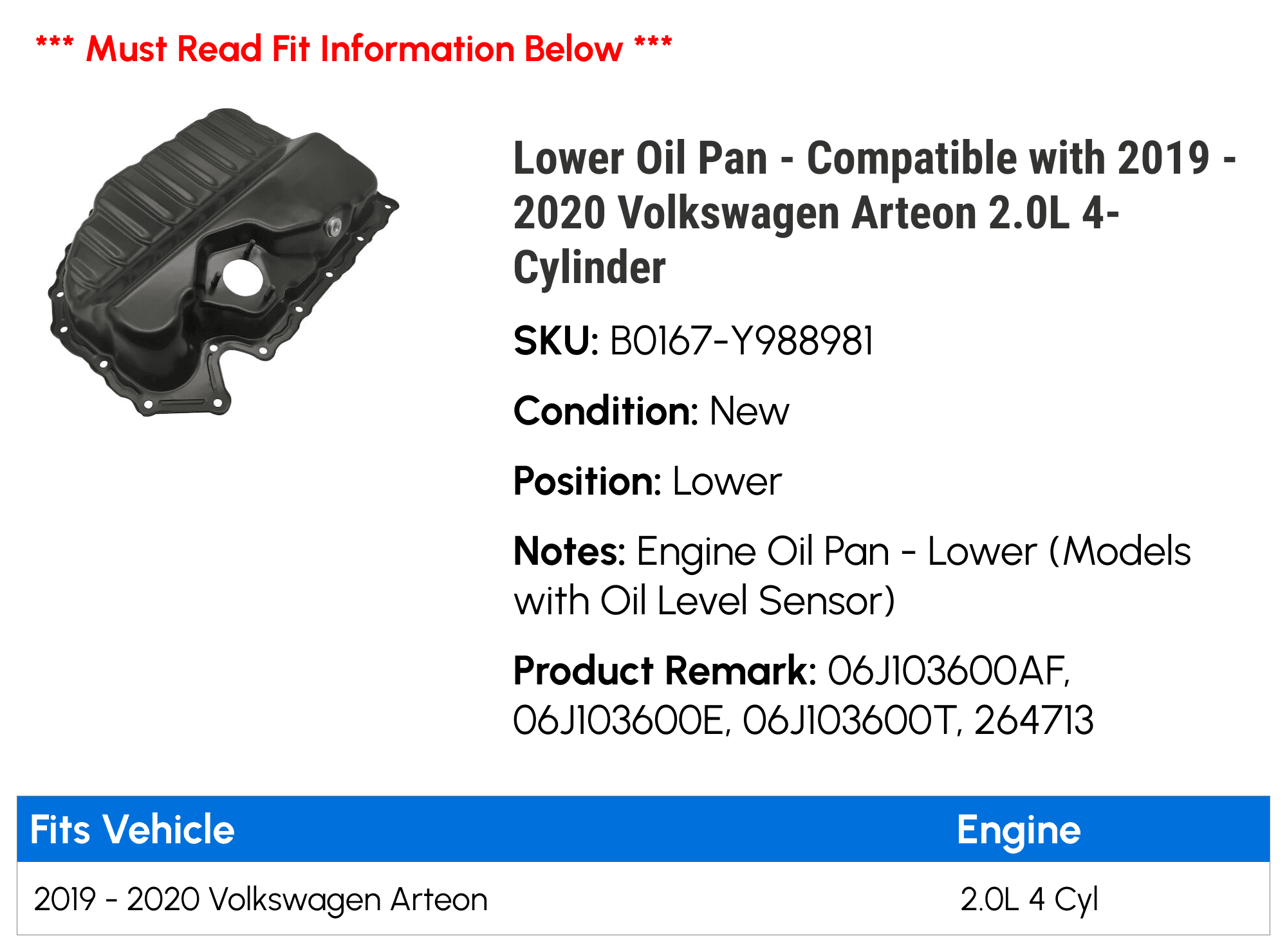 Lower Oil Pan - Compatible with 2019 - 2020 Volkswagen Arteon 2.0L 4-Cylinder - Replacement